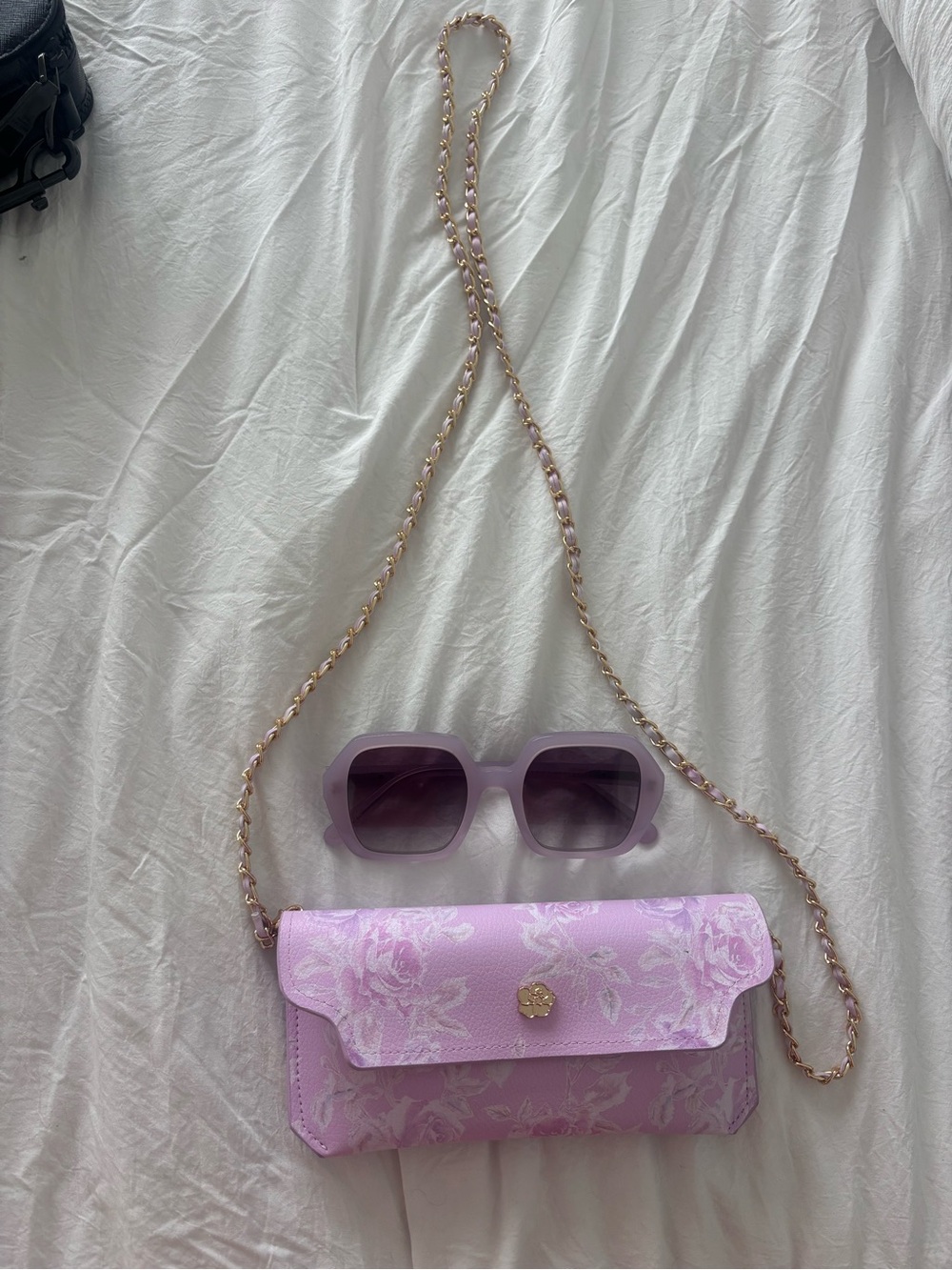 LoveShackFancy Lavender Floral Sunglasses with Matching Lilac Chain Bag